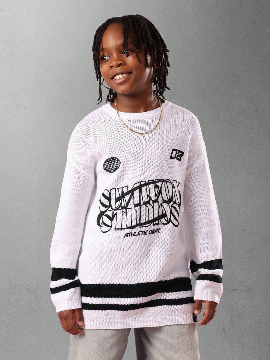 SUMWON Youth Oversized Knit Jumper Retro Graphic Athletic Department Streetwear Fashion Sweater With Black Contrast Stripes Crew Neck Long Sleeve Winter Pullover Fall - Black and White - View 1