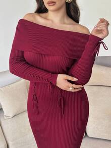 Modelyn 秋季大码女式纯色露肩长袖系带设计修身优雅针织连衣裙 - 酒紅色 - 查看 6