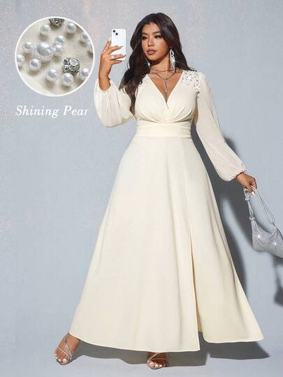 Viva Relle 大码女式优雅浪漫奢华派对/婚礼宾客珍珠和水钻装饰长袖 V 领收腰褶皱飘逸开衩长裙（随机珍珠装饰）