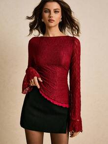 Poéselle 不对称下摆休闲纯色修身长袖女式T恤 - 酒紅色 - 查看 3