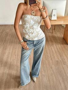 Siren Gaze 优雅亮片抹胸上衣，适合女士穿着，2025 秋季新款不对称下摆无肩带外出上衣，时尚派对婚礼宾客装扮，日常通勤街头商务休闲必备单品，亮片闪耀晚装，万圣节圣诞派对必备，复古贵族风白色无肩带亮片抹胸上衣 - 杏色 - 查看 4