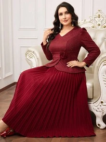 Modelyn Plus Size Women 3D Floral Decor V-Neck Puff Sleeve Top And Pleated Midi Skirt Elegant 2 Pieces Set