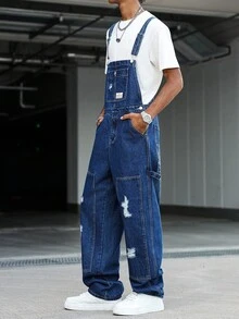 Manfinity EMRG 男式休闲做旧多口袋胸带牛仔背带工装裤