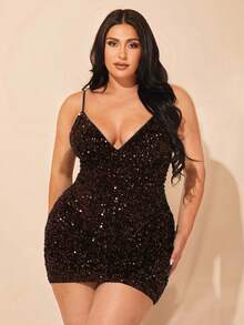 SHEIN BAE Váy ngắn dây mảnh đính sequin thanh lịch cỡ lớn dành cho nữ, dự tiệc tốt nghiệp, dạ hội, tiệc Halloween, màu xanh lá cây, váy sinh nhật dành cho nữ - Cà phê nâu - Xem 1