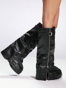 Sugerpunk 女式新款厚底扣拉链朋克风格复古石洗过膝长靴 - 黑色 - 查看 4