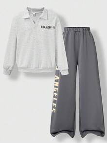 SHEIN Explorewe 2 件套运动洛杉矶元素服装，适合大童，长袖上衣和宽松长裤，活力四射的服装适合运动赛事、学校活动和街头时尚 - 灰色 - 查看 1