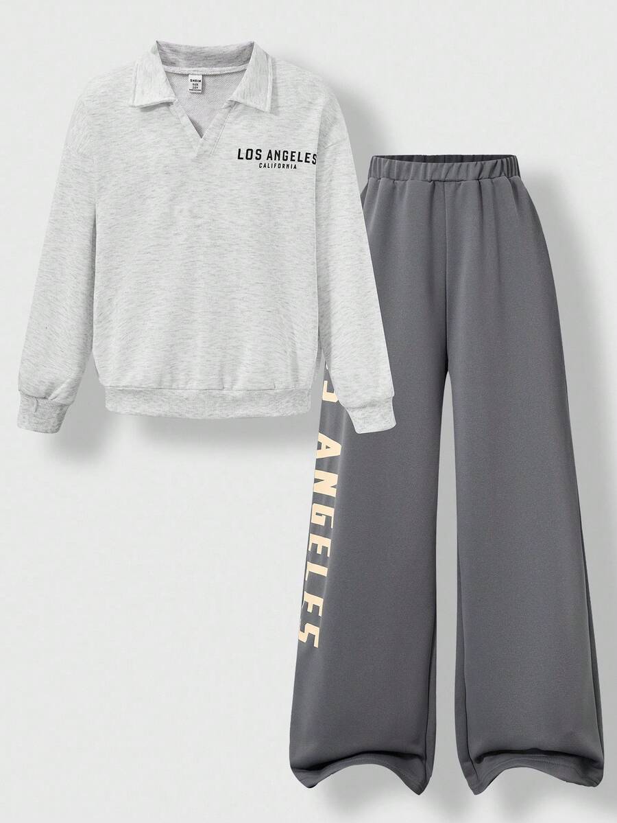 SHEIN Explorewe 2 件套运动洛杉矶元素服装,适合大童,长袖上衣和宽松长裤,活力四射的服装适合运动赛事、学校活动和街头时尚 - 灰色 - 查看 1