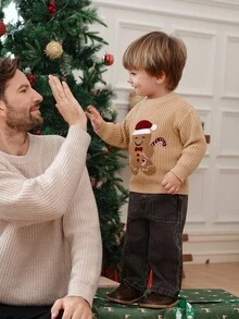 Souflis Souflis 男婴和女婴圆领长袖针织毛衣，适合秋冬季，卡其色、驼色，适合日常穿着、休闲装、姜饼人装、圣诞节装、新年装，适合日常穿着、郊游装、旅行装、庆祝装、新年装、派对装 - 卡其色 - 查看 6