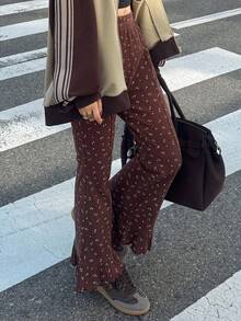 FRIFUL Pantalon évasé à fleurs marron pour femmes avec décoration de volants, casual et polyvalent, tenues d'automne pour les vacances des femmes - Multicolore - Voir 7