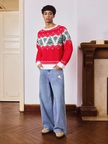 SWAVVY Men's Fashionable Long Sleeve Christmas Tree & Snowflake Pattern Crew Neck Sweater, For Fall Winter - Red - View 3