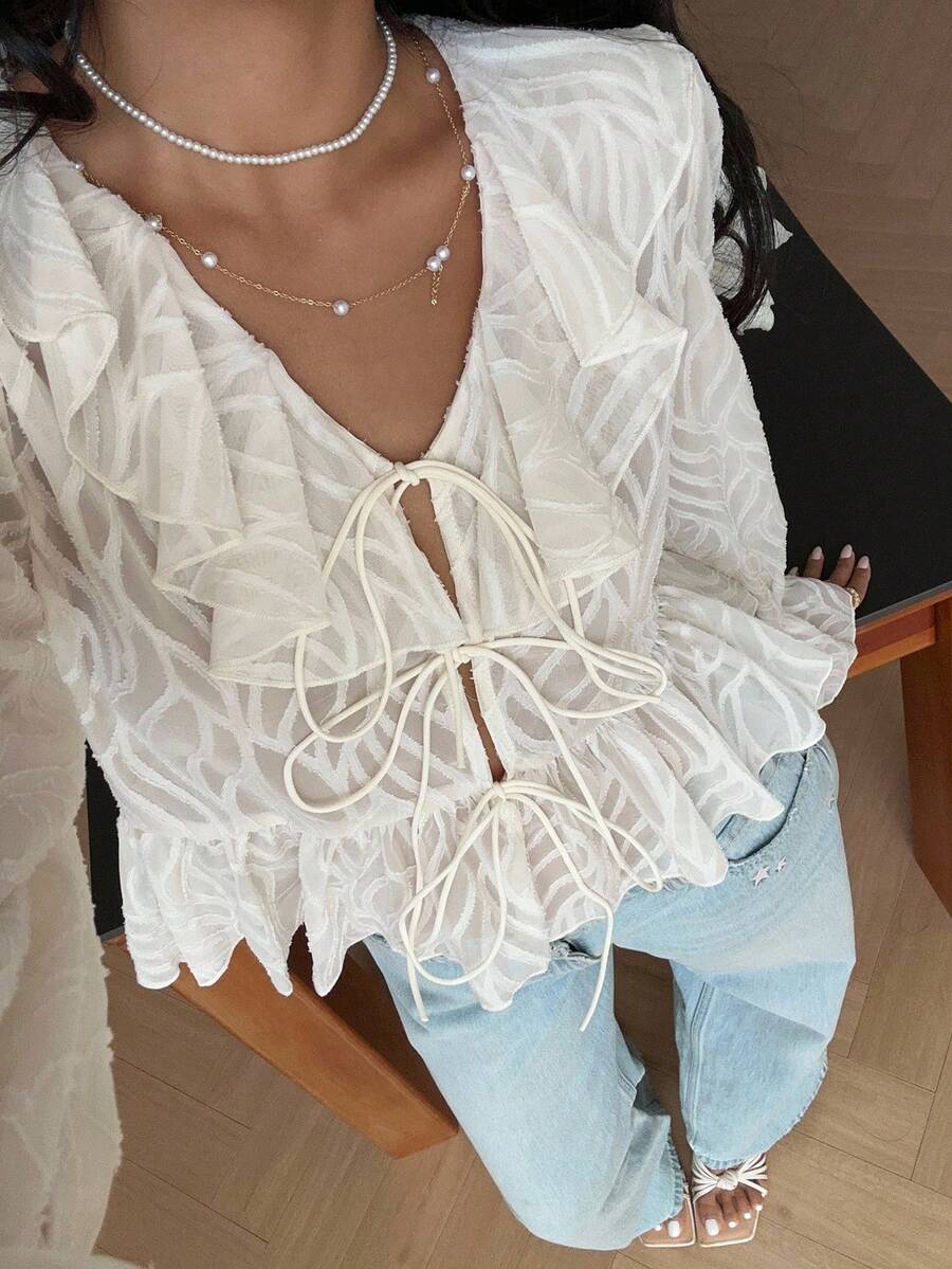 Serisse Damen Französischer Lässig Bindeknoten Volant Saum Bluse, Volant Bluse, Herbst für Frauen, Homecoming, Ausgehen Oberteile Frauen, Date Night, Hochzeitsgast, Business Lässig Frau, Old Money Stil, Thanksgiving Shirt, Neujahrskleider, Winterkleidung für Frauen