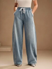 Anewsta 女式抽绳腰口袋水钻水洗蓝色直筒牛仔裤 - 藍色 - 查看 4