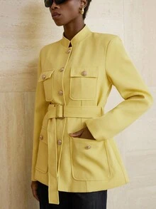 Aveloria Modichic Stand Collar Thick Tweed Single-Breasted Metal Button Decor Belt Utility Jacket - Yellow - View 6