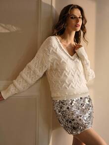 MOTF PREMIUM RHINESTONE DETAIL V NECK SWEATER - White - View 7