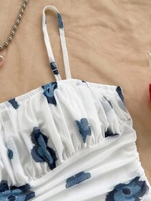 Soleia 女士夏季度假蓝白花卉网眼吊带裙 - 藍白色 - 查看 4