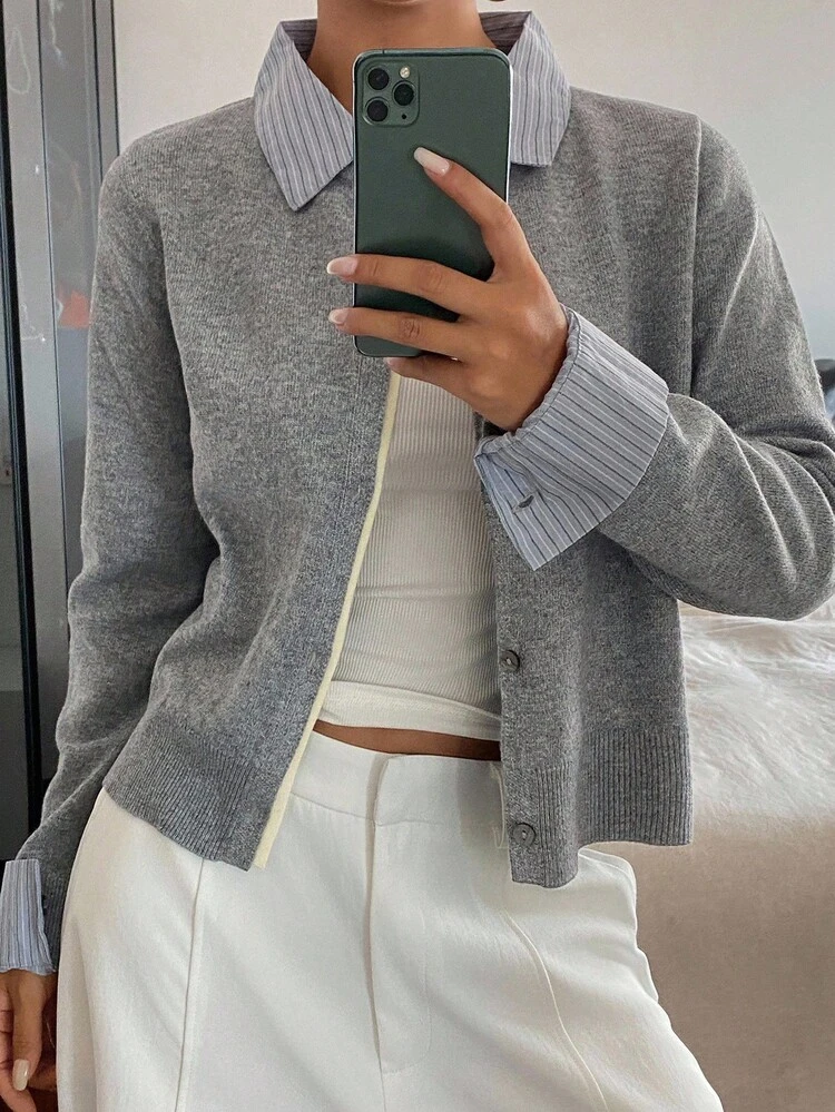 Women's Contrast Stripe Patchwork 2 In 1 Casual Cardigan