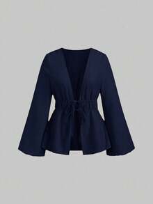 Sweetra 女式休闲纯色系带长袖上衣 - 藏蓝色 - 查看 1