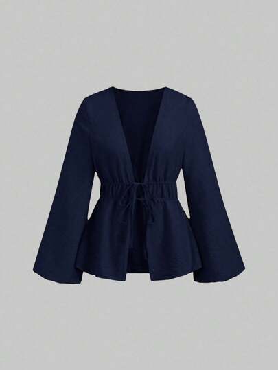 Sweetra Damtopp med snörning och långärmad, enfärgad och avslappnad passform