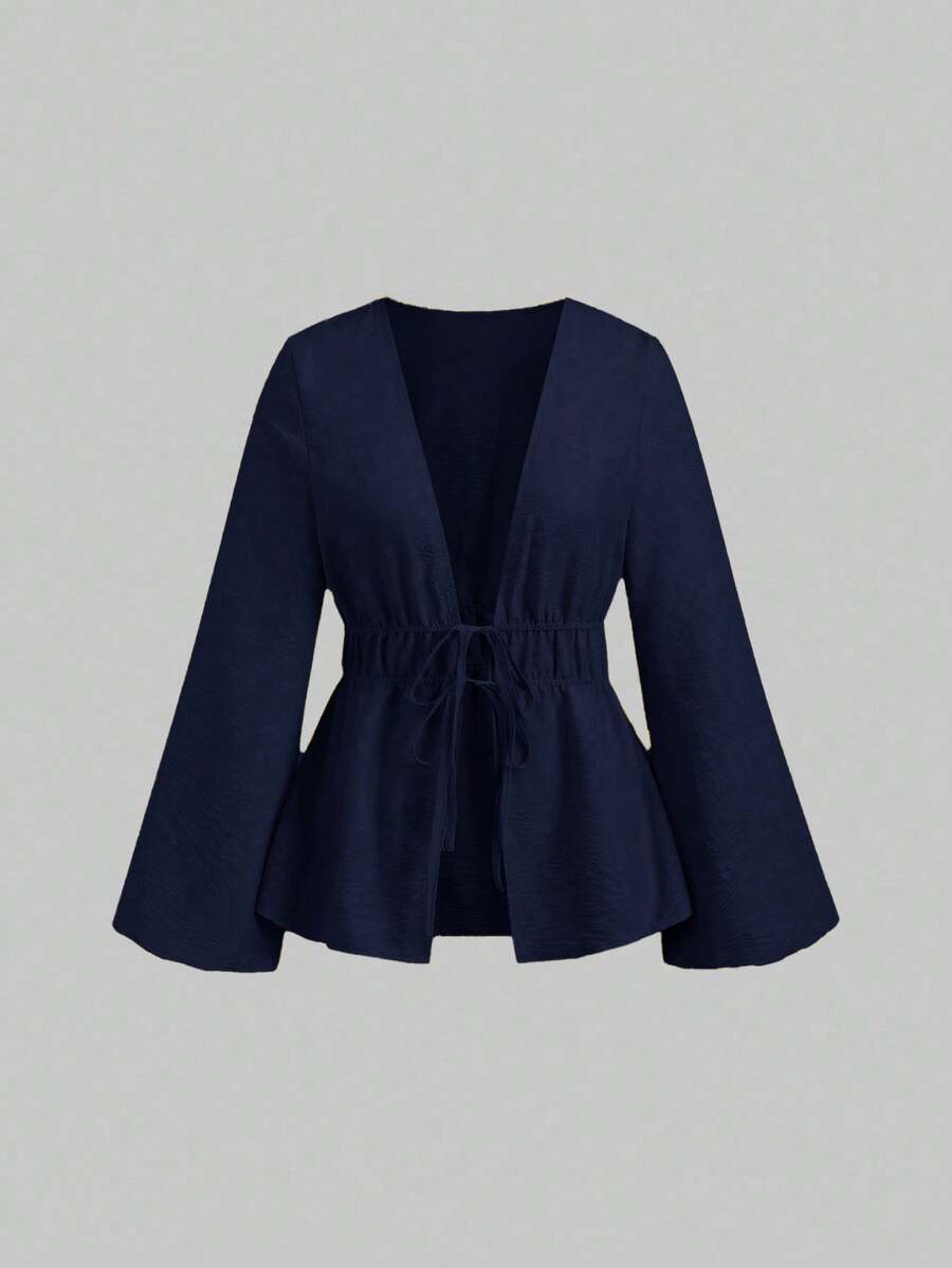 Sweetra 女式休闲纯色系带长袖上衣 - 藏蓝色 - 查看 1