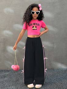 Coolane Kids Tween Girls Fall/Winter Elastic Waist Tie-Belted Utility Pants With Pockets And Bowknot,Graduation,Streetwear,Cute Pants With Bows Bow Pants Girls Loose Pants Girl Wide Leg Pant Baggy Pants With Blue Bow Girls - Black - View 3