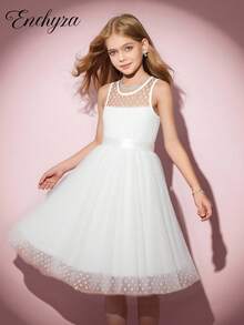 Tween Girls' Sweet White Mesh Dress With Heart Print For Summer - White - View 1