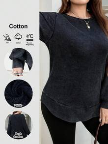 SHEIN LUNE Sudadera casual lavada de talla grande, otoño e invierno para mujer, apta para uso diario, ir a trabajar y uso casual, esencial para uso diario, trayecto y actividades al aire libre, top sencillo de mujer, unicolor - Negro - Ver 2