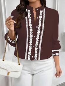 EMERY ROSE Áo sơ mi dài tay cổ và tay áo viền màu tương phản cỡ lớn mặc thường ngày/đi làm - màu nâu - Xem 7