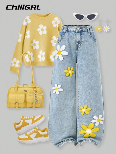 SHEIN Tween Girls' Fashionable Snow Floral Embroidered Wide Leg Washed Jeans, Suitable For Spring, Summer, Autumn And Winter Fall