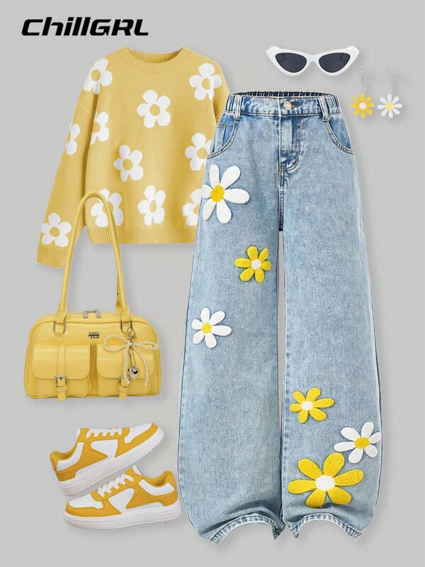 SHEIN Tween Girls' Fashionable Snow Floral Embroidered Wide Leg Washed Jeans, Suitable For Spring, Summer, Autumn And Winter Fall