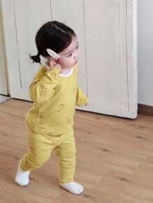 DAZY 2pcs Baby Girls Cartoon Print Casual Comfortable Round Neck Top And Pants Homewear Set - Yellow - View 3
