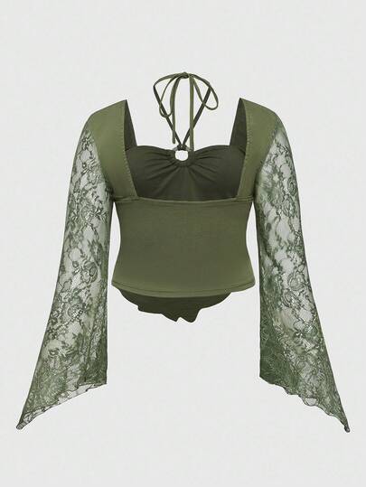 Fairycore Blusa elegante de manga abullonada con bordados y cuentas en verde, estilo Fairycore Mori Kei para mujer de talla grande. Top de cuello halter asimétrico con cuentas, inspirado en el estilo vintage de hadas, para otoño/invierno de talla grande.