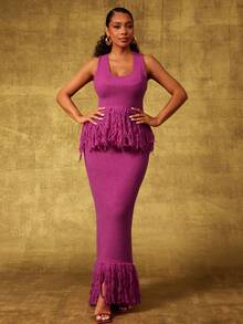 Vixey 流苏下摆罗纹腰带超长毛衣裙 - 玫紅色 - 查看 4