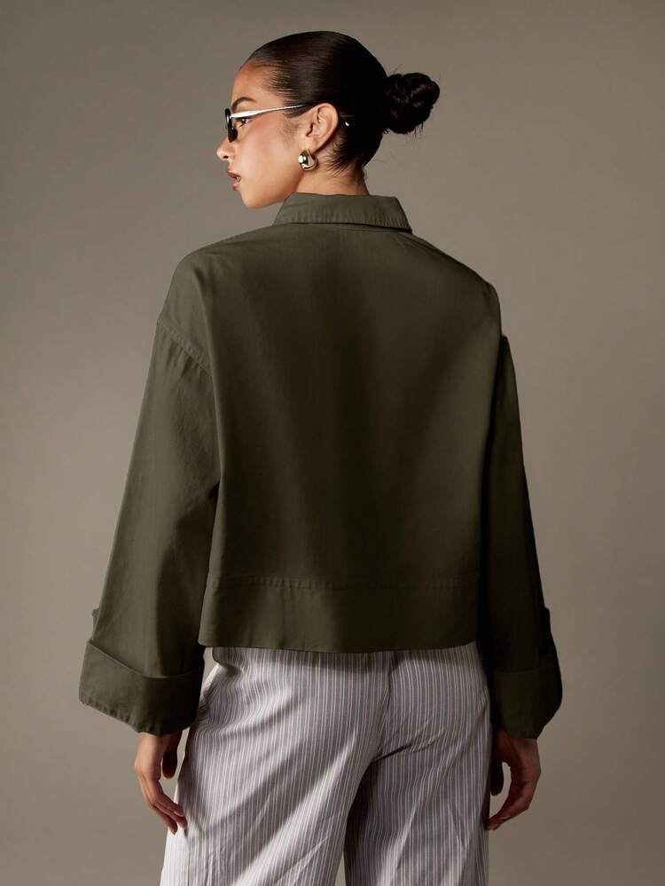MISSGUIDED Cotton Oversized Utility Denim Jacket Button Down Cropped Workwear Collared Shirt With Metal Snap Buttons Front Pockets Cuffed Sleeves Fall Winter Casual