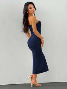 SHEIN PETITE Gold Color Brooch Decor Asymmetric Neck Ruched Fishtail Dress - Navy Blue - View 3