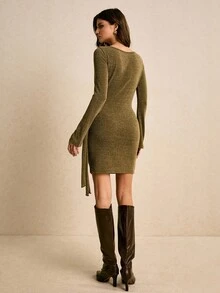 Poéselle Women's Elegant Olive Green Knit Dress,Metal Button Waist Front Tie Wrap Mini Dresses For Women,Long Sleeve Casual Autumn Winter Dining Outfits - Green - View 3