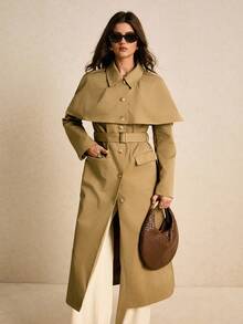 Poéselle 女士披肩式系带风衣 – 卡其色长款防风衣，轻松打造秋春叠穿造型。披肩式风衣，卡其色风衣，女士系带长款风衣，简约外套，低调奢华时尚，秋季必备胶囊衣橱单品。女士纯色口袋纽扣系带长袖风衣，适合冬季和圣诞节穿着。 - 卡其色 - 查看 1