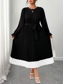 SHEIN Elenzya 大码女式拼色圆领长袖褶边优雅连衣裙 - 黑色 - 查看 6