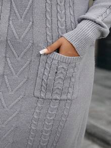 SHEIN Clasi Plus Size Women's Plus Size Women's Collar Turndown Collar Drawstring Solid Color Long Sleeve Sweater Dresses With Pockets Autumn/Winter - Grey - View 5