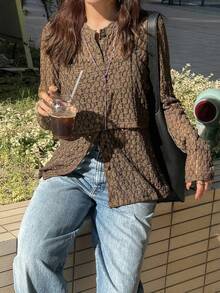 FRIFUL 2 件女士休闲套装：长袖单排扣上衣和吊带背心 - 棕色 - 查看 1