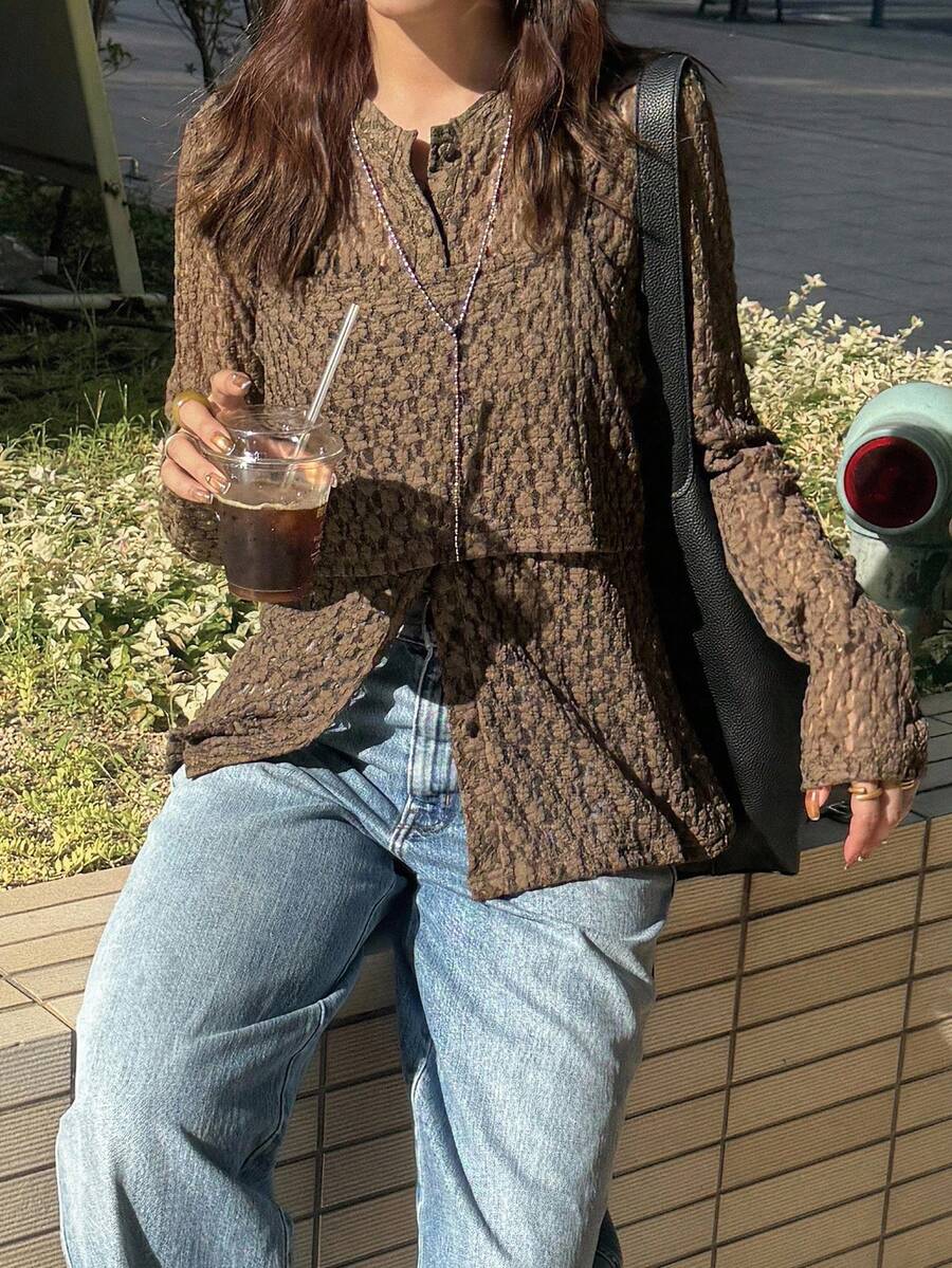 FRIFUL 2 件女士休闲套装：长袖单排扣上衣和吊带背心 - 棕色 - 查看 1