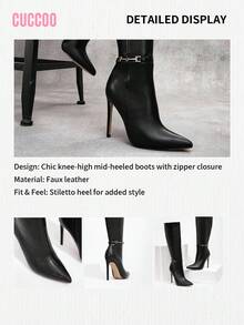 CUCCOO SZL 性感时尚金属扣装饰尖头12厘米细高跟休闲百搭侧拉链过膝长靴，适合春季、春假、复活节和圣诞节穿着。 - 黑色 - 查看 9