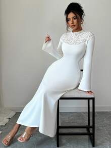 Modelyn Elegant Lace Patchwork Dress, French Style Fashion For Women