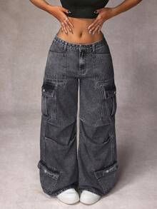 SHEIN PETITE Women's Solid Color Retro Casual Cargo Style Straight Leg Versatile Jeans - Grey - View 5