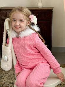 SHEIN LMoss Kids 2件套少女纯色连帽人造毛皮装饰休闲运动衫和紧身裤套装 - 粉色 - 查看 3