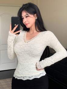 DAZY Sexy V-Neck Hollow Out Long Sleeve Lace Blouse, Slim Fit Undershirt For Women, Autumn/Winter - Apricot - View 2