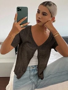 Livesso 女式V领短袖纯色开衫，夏季 - 咖啡棕 - 查看 3