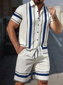 Manfinity Homme 男士撞色条纹短袖纽扣前休闲衬衫，夏季 - 彩色 - 查看 3