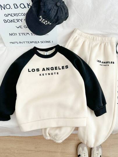 Genkimix Kids 2pcs Young BoyCasual Contrast Color Raglan Sleeve Crew Neck Sweatshirt And Tapered Ankle Pants Set, Autumn Fall Winter