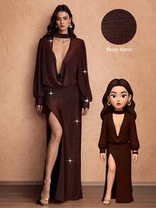 Islaluna 女式秋季常规肩长袖连衣裙，喇叭袖，开衩下摆，闪亮面料，休闲时尚风格 - 棕色 - 查看 1