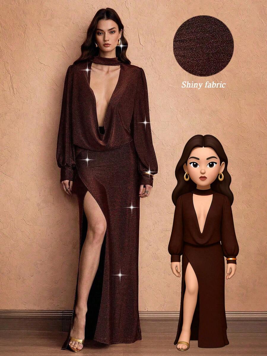 Islaluna 女式秋季常规肩长袖连衣裙，喇叭袖，开衩下摆，闪亮面料，休闲时尚风格 - 棕色 - 查看 1